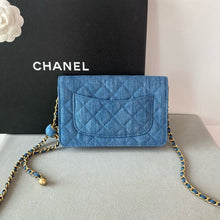 Load image into Gallery viewer, 22c Chanel denim pearl crush woc wallet on chain, gold hdw
