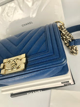 Load image into Gallery viewer, Chanel small blue caviar chevron boy, gold hdw
