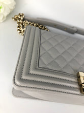 Load image into Gallery viewer, Chanel light grey old medium caviar boy, light gold hdw
