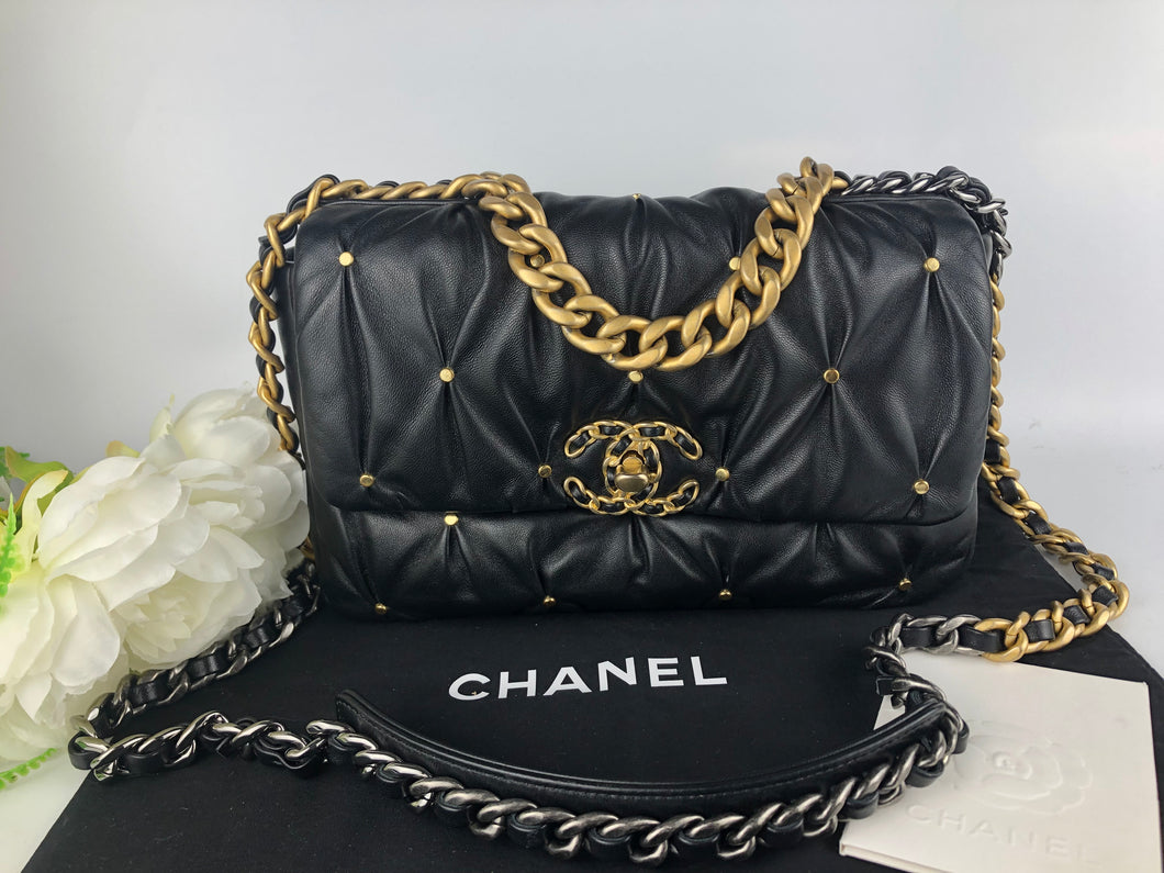 Chanel 19 small black studded lambskin