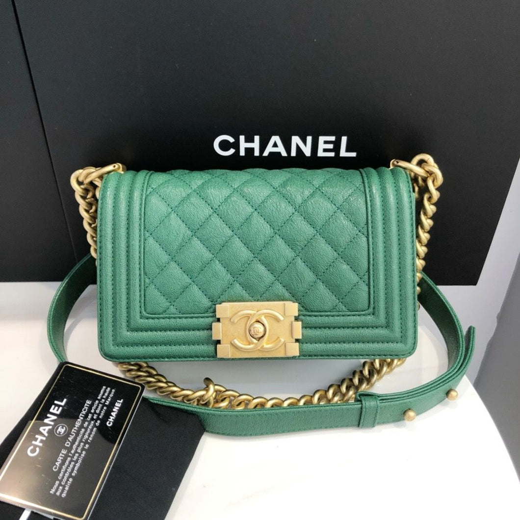 Chanel green small caviar boy,gold hdw