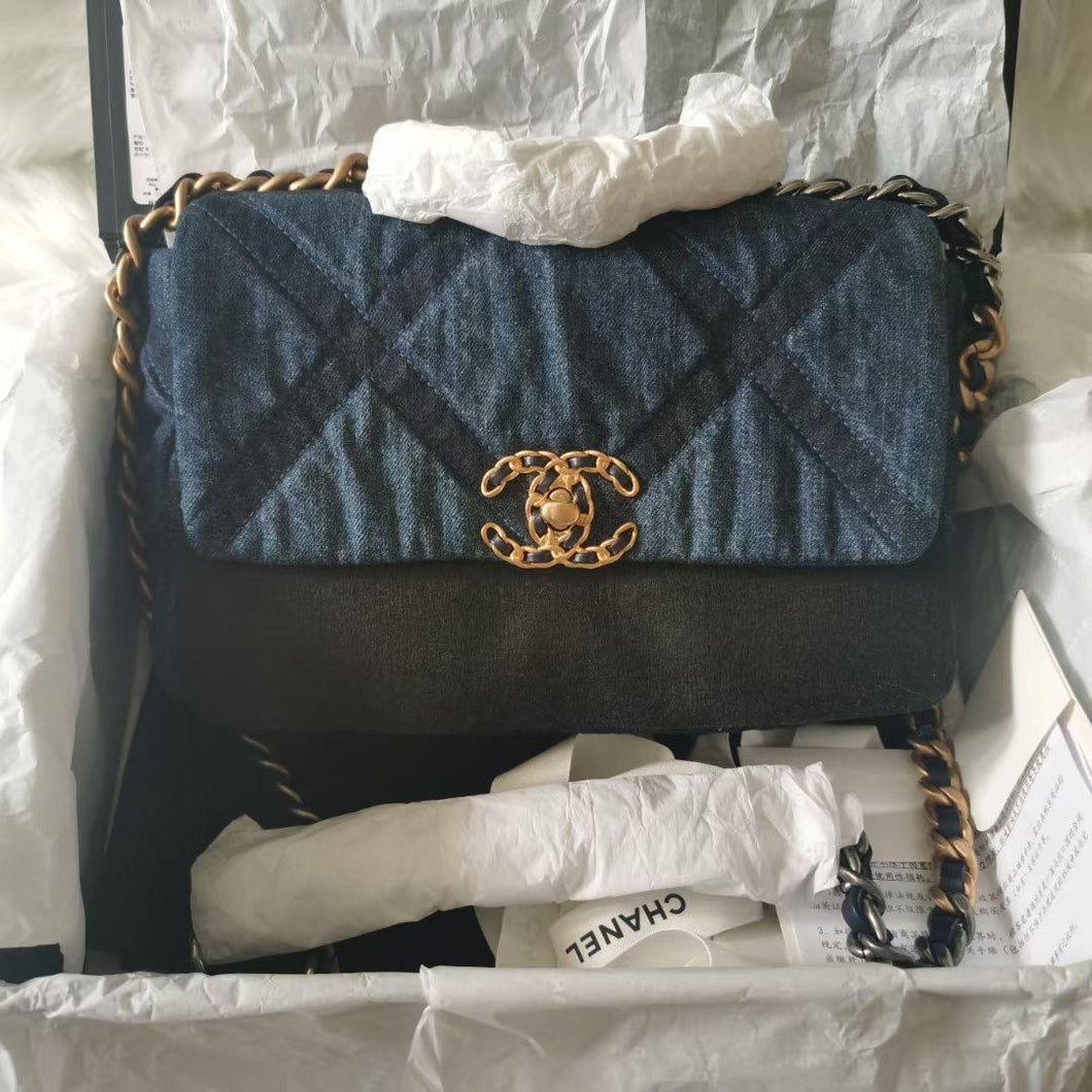 Chanel 19 small denim, mixed gold hdw