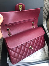 Load image into Gallery viewer, Chanel burgundy red caviar medium classic flap, light gold hdw chip full set
