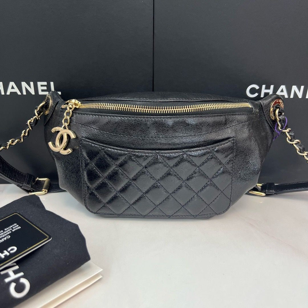 Chanel black glazed calfskin leather bumbag belt bag , gold hdw