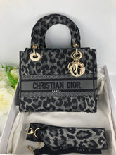 Load image into Gallery viewer, Christian Dior Grey and Black Leopard Pattern Mizza Embroidery Medium Lady D-Lite Bag Pale Gold Hardware
