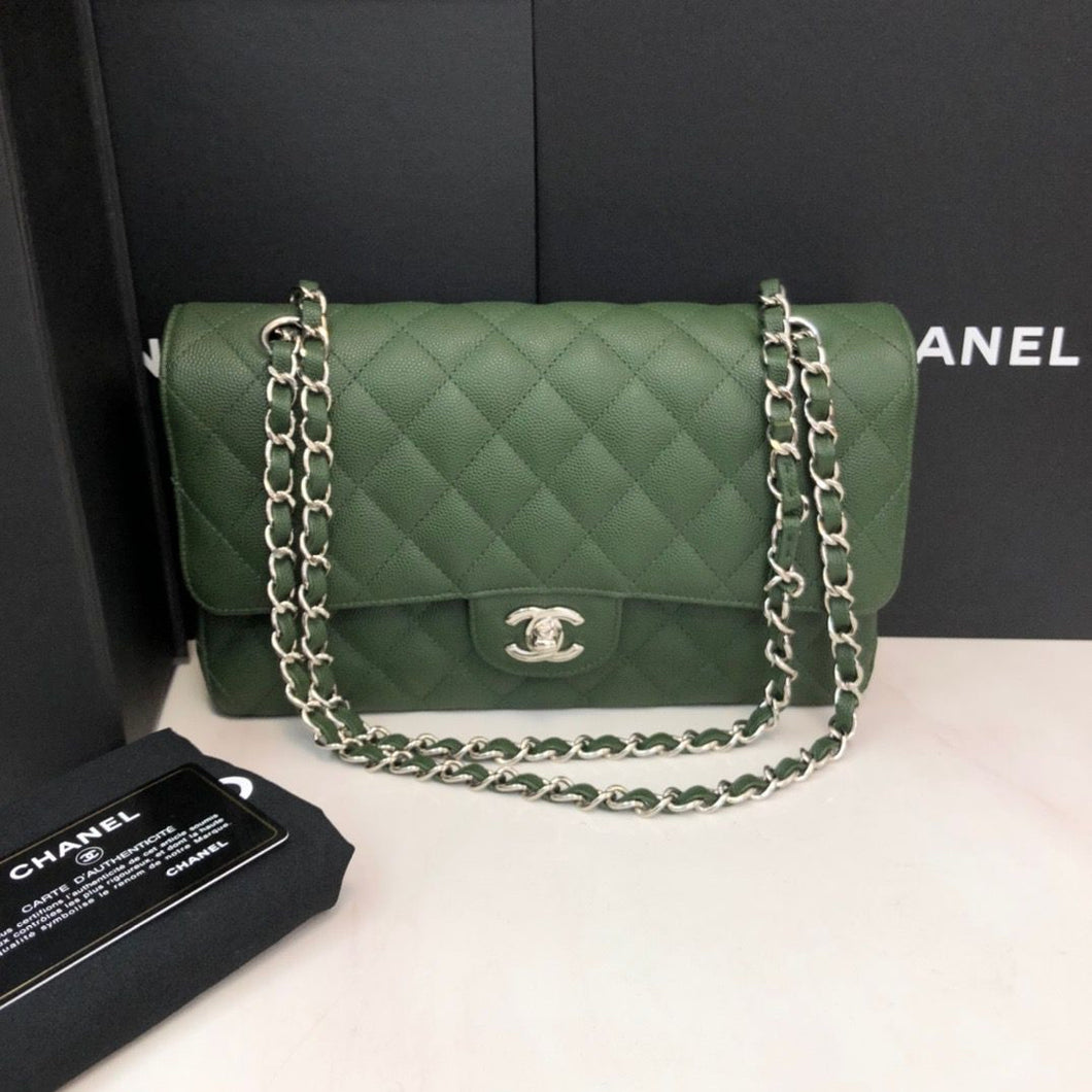 Chanel 25 series green medium caviar, silver hdw