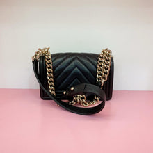 Load image into Gallery viewer, Chanel small black boy bag, caviar chevron, with gold hdw
