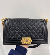 Load image into Gallery viewer, Chanel old medium black caviar boy, aged gold hdw
