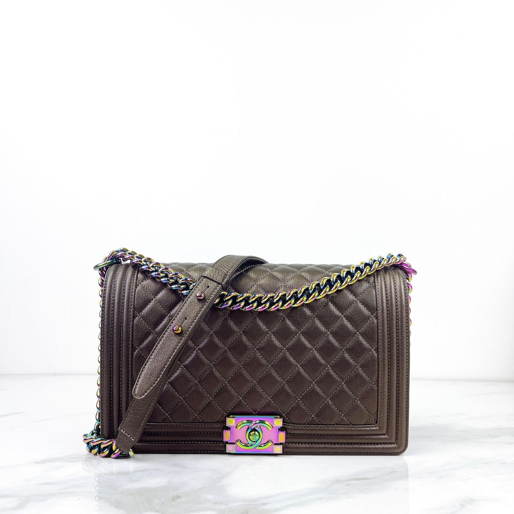 Chanel new medium brown iridescent boy bag, rainbow hdw