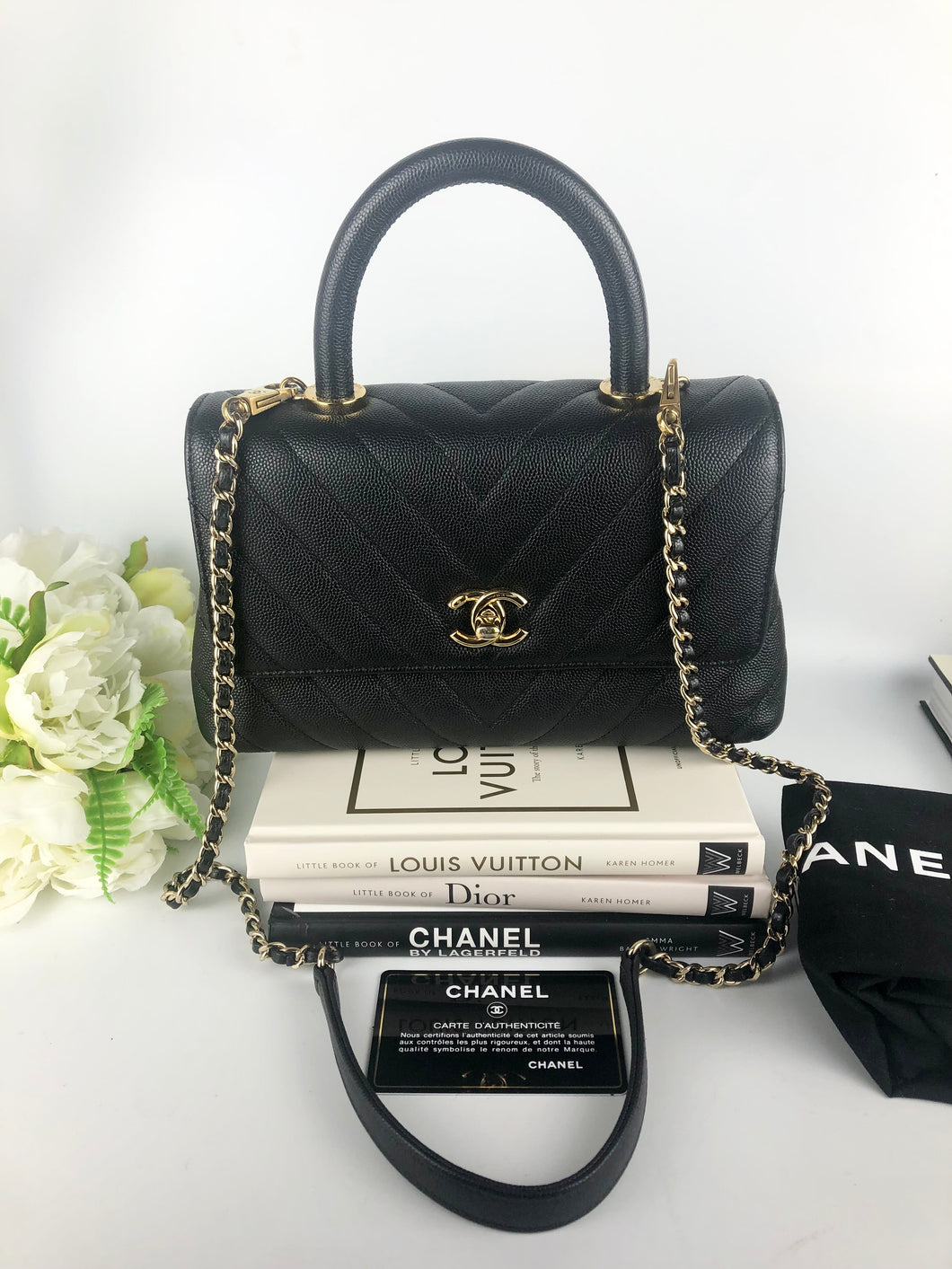 Chanel small black caviar chevron coco handle, light gold hdw