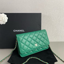 Load image into Gallery viewer, Chanel woc green lambskin with gold hdw.

