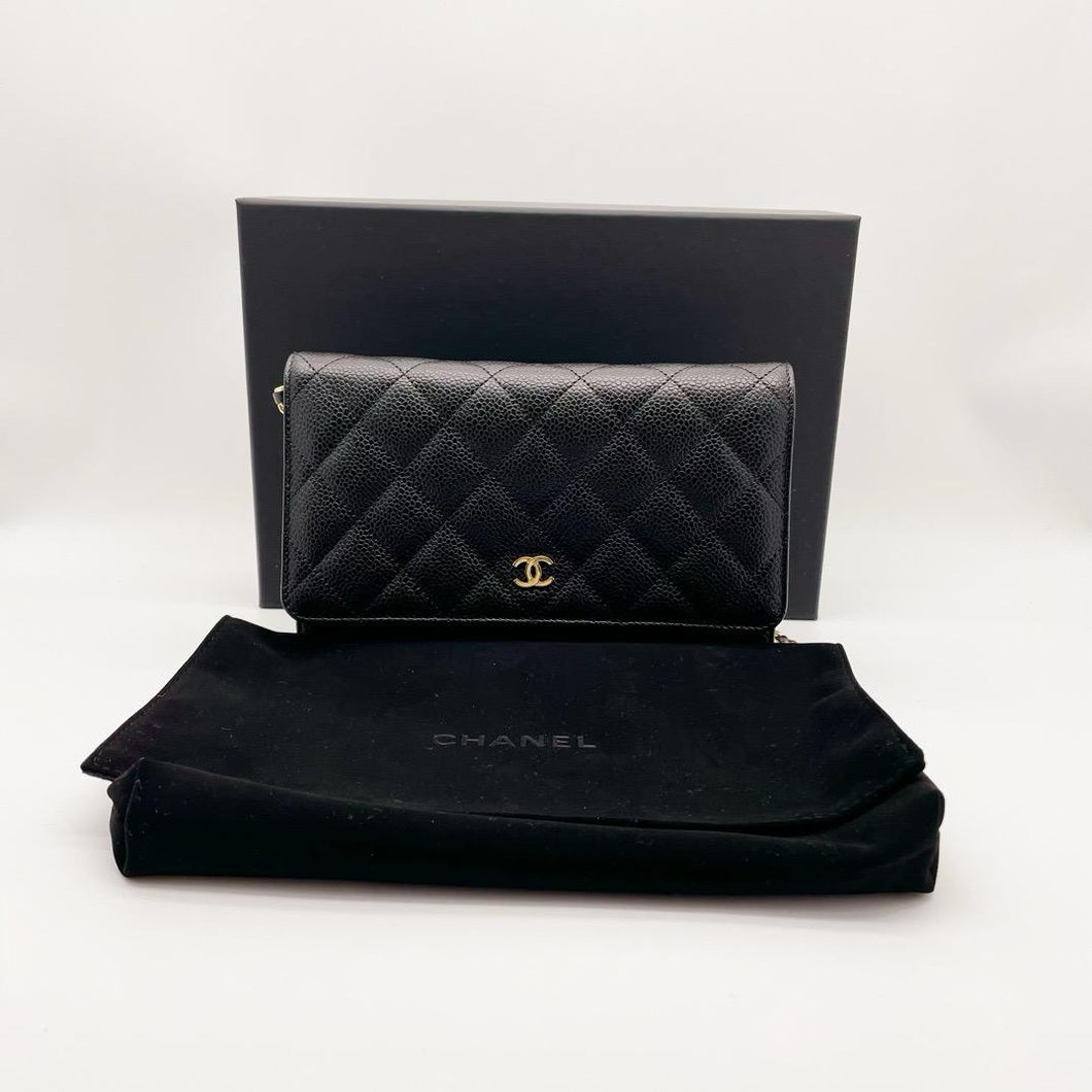 Chanel black caviar woc wallet on chain, gold hdw chip