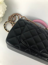 Load image into Gallery viewer, Chanel 23p black pink mini lambskin top handle, light gold hdw
