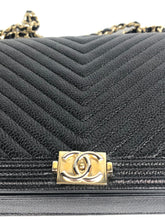 Load image into Gallery viewer, Chanel 24 series black caviar boy wallet on chain (woc), gold hdw
