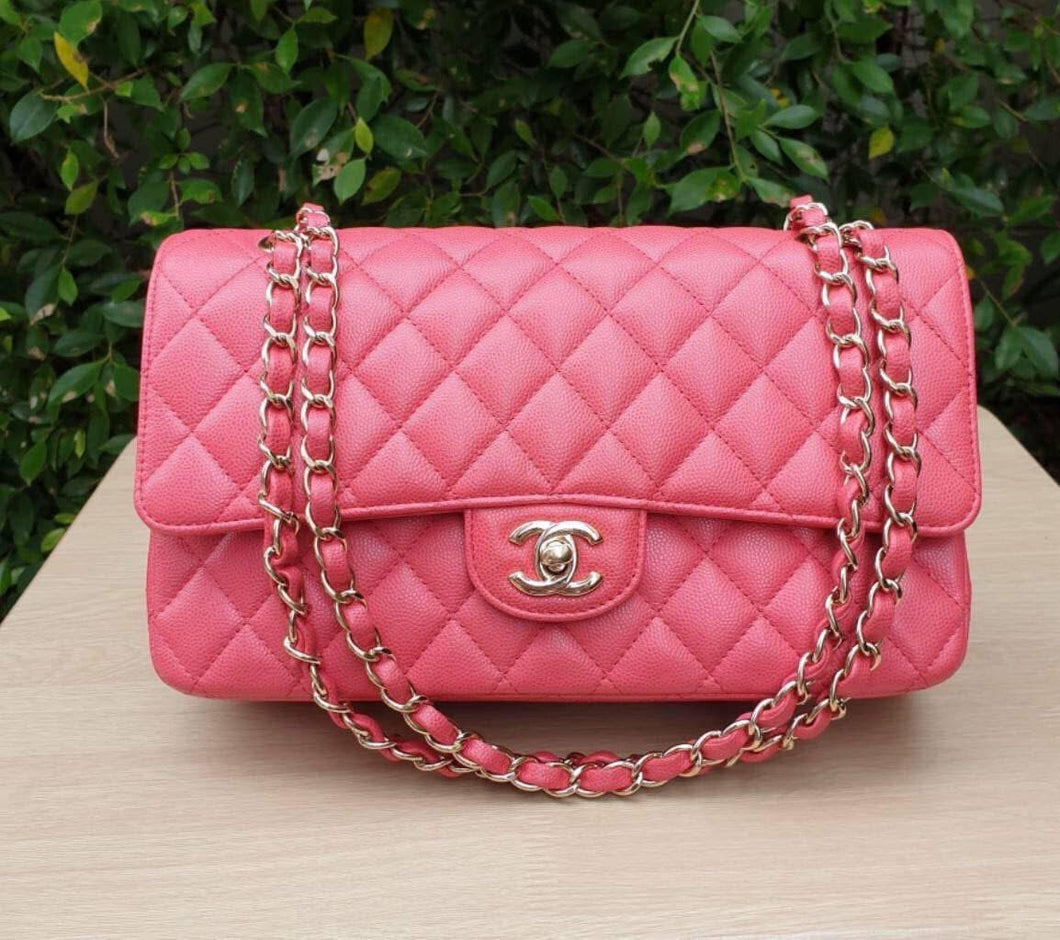 Chanel Dark pink raspberry medium caviar, 23 series, rare edge stitched with gold hdw