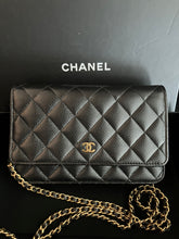 Load image into Gallery viewer, Chanel Black caviar microchip WOC, with gold hdw

