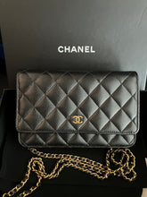Load image into Gallery viewer, Chanel Black caviar microchip WOC, with gold hdw
