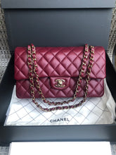 Load image into Gallery viewer, Chanel burgundy red caviar medium classic flap, light gold hdw chip full set
