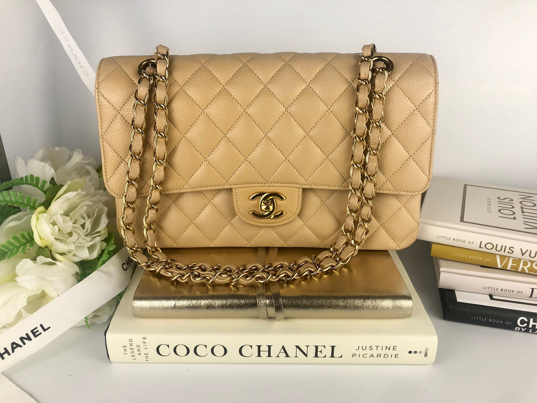 Chanel beige caviar medium classic, gold hdw