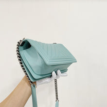 Load image into Gallery viewer, Chanel old medium Tiffany blue caviar chevron boy bag
