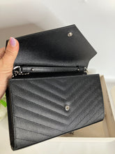 Load image into Gallery viewer, YSL Saint Laurent Black Chevron Leather Envelope Wallet On Chain, silver hdw
