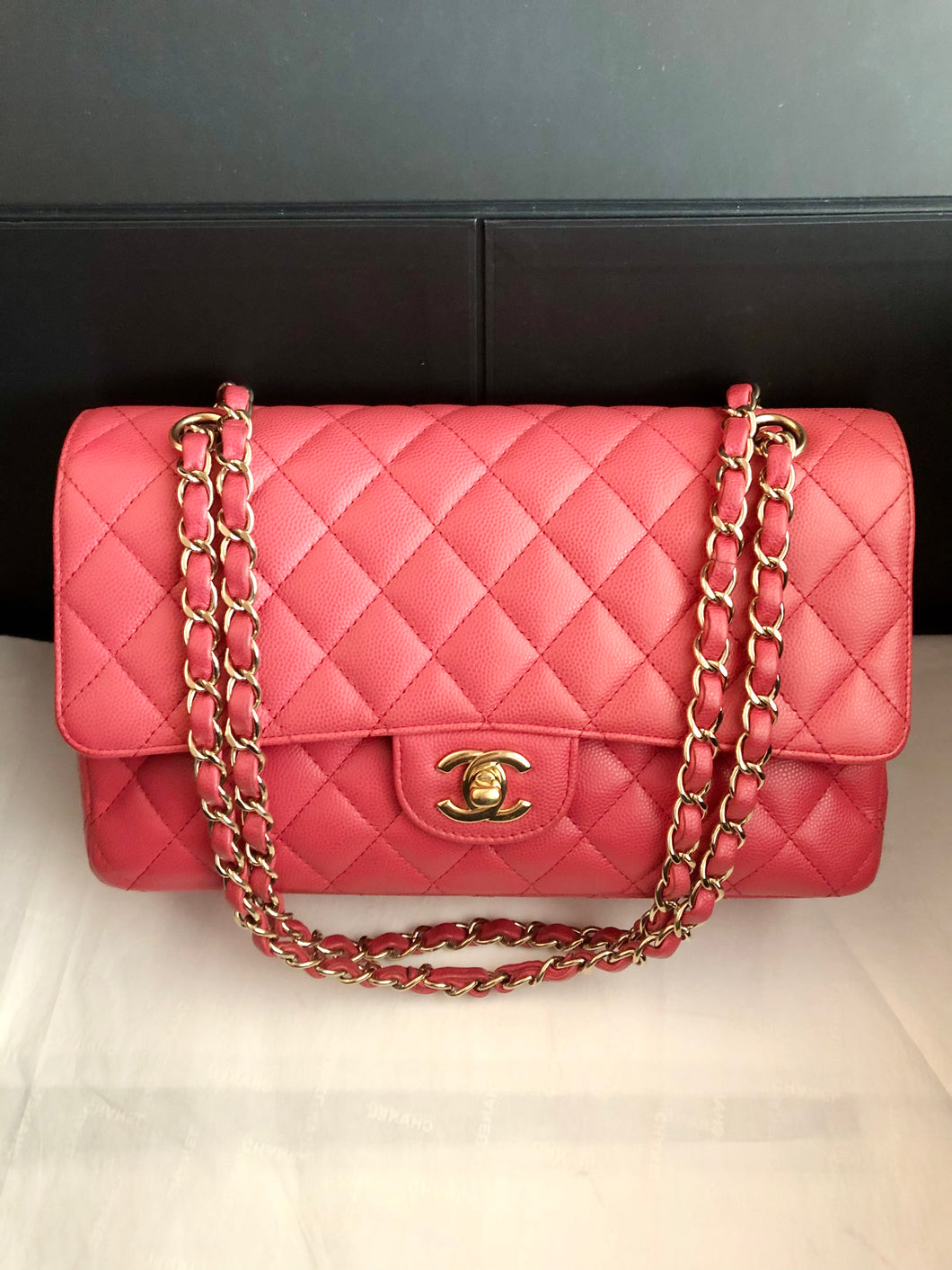Chanel dark pink rare edge stitched caviar medium classic, gold hdw, 23 series