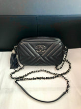 Load image into Gallery viewer, Chanel smokey blue chevron calfskin camera bag with tassel, silver hdw
