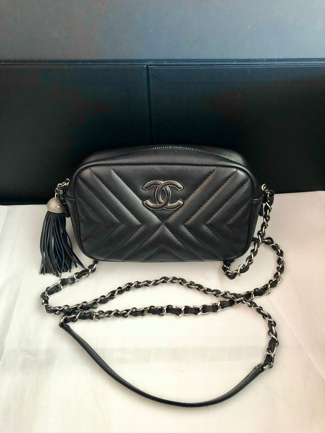 Chanel smokey blue chevron calfskin camera bag with tassel, silver hdw