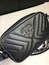 Load image into Gallery viewer, Chanel smokey blue chevron calfskin camera bag with tassel, silver hdw
