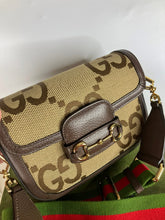 Load image into Gallery viewer, Gucci Jumbo GG Canvas Brown Leather Trim Horsebit 1955 Small Bag
