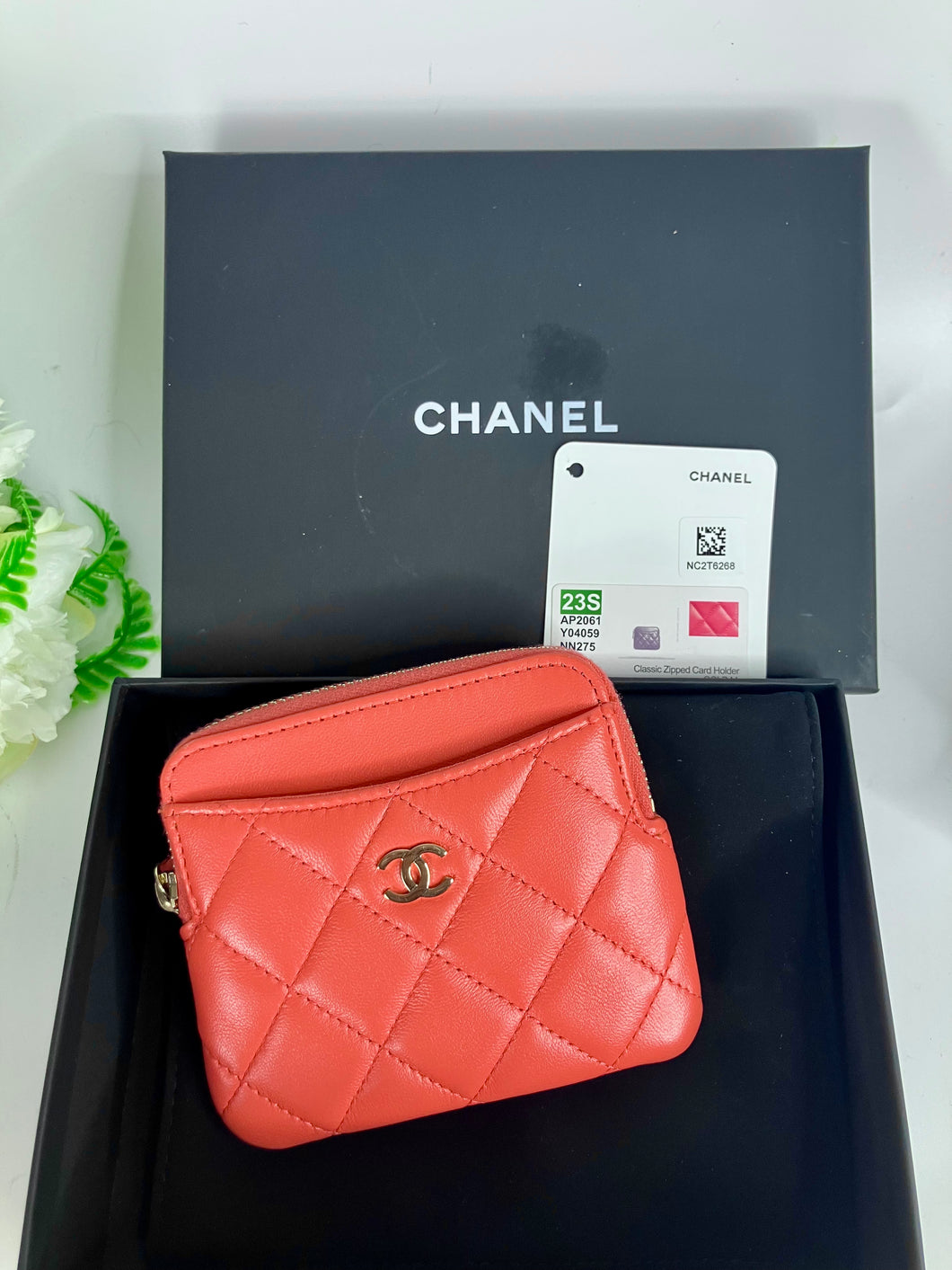 Chanel orange/pink 23s lambskin card holder/coin purse, silver hdw