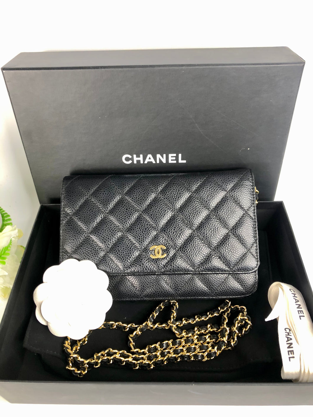 Chanel black caviar wallet on chain (woc), gold hdw