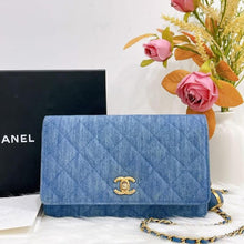 Load image into Gallery viewer, Chanel pearl crush denim wallet on chain (WOC), gold hdw
