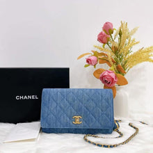 Load image into Gallery viewer, Chanel pearl crush denim wallet on chain (WOC), gold hdw
