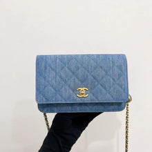 Load image into Gallery viewer, Chanel pearl crush denim wallet on chain (WOC), gold hdw
