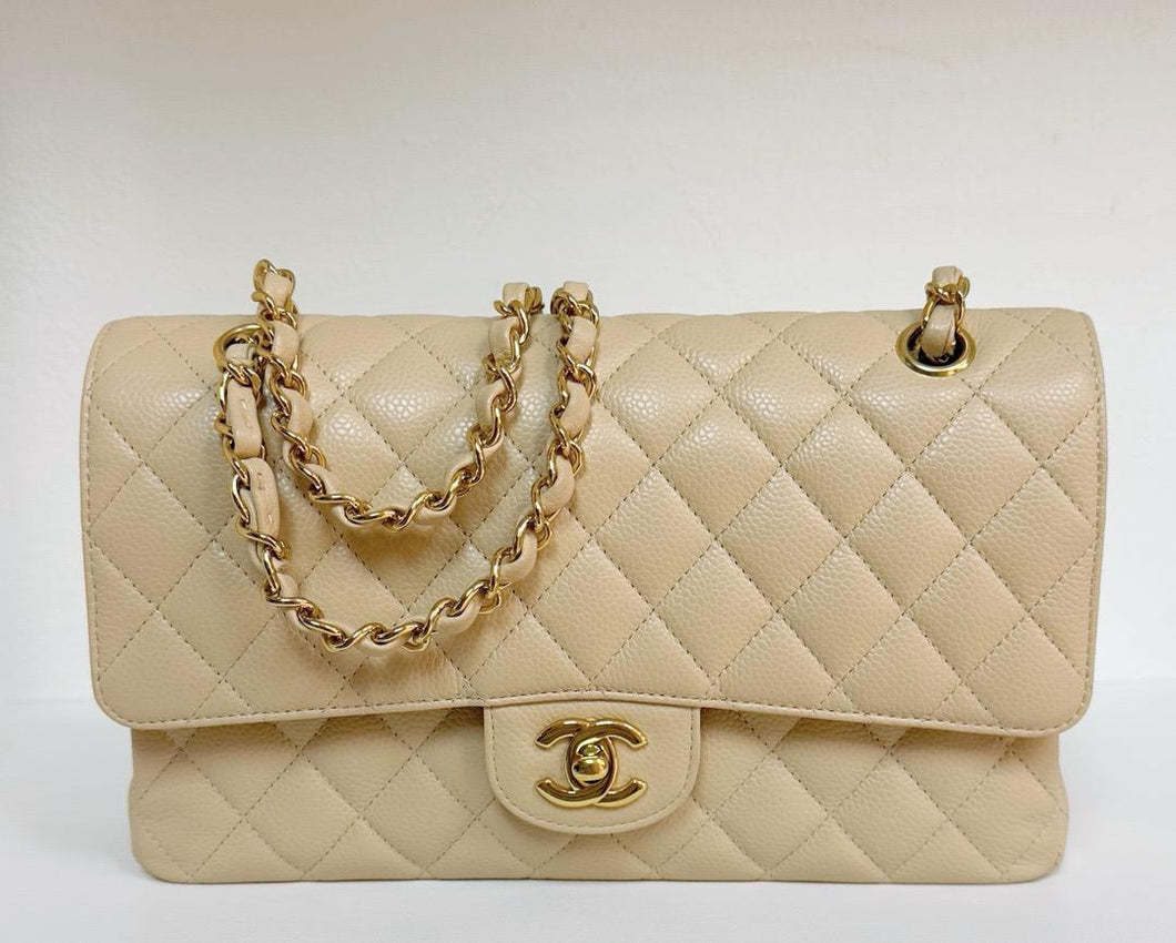 Chanel beige caviar medium classic flap, gold hdw