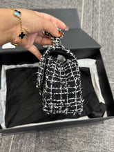 Load image into Gallery viewer, Chanel mini rectangular tweed top handle, light gold hdw black and white
