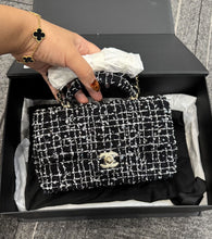 Load image into Gallery viewer, Chanel mini rectangular tweed top handle, light gold hdw black and white
