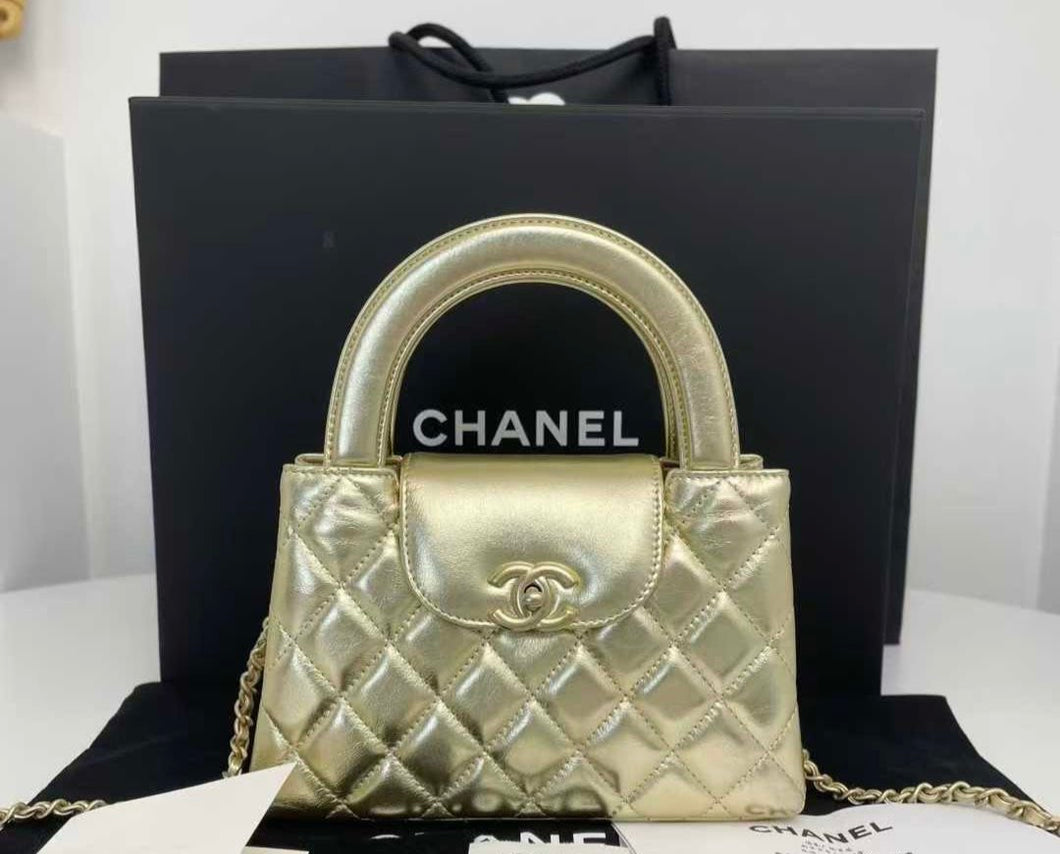 Chanel gold Kelly shopper nano (larger size) in shiny gold calfskin, gold hdw