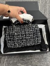 Load image into Gallery viewer, Chanel mini rectangular tweed top handle, light gold hdw black and white
