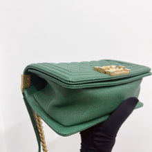 Load image into Gallery viewer, Chanel green small caviar boy, aged gold hdw
