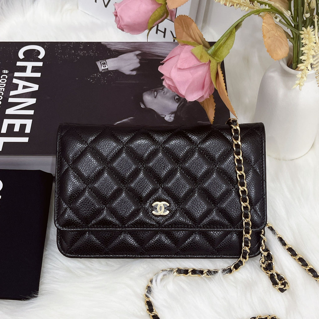 Chanel microchip black caviar WOC, wallet on chain, with gold hardware