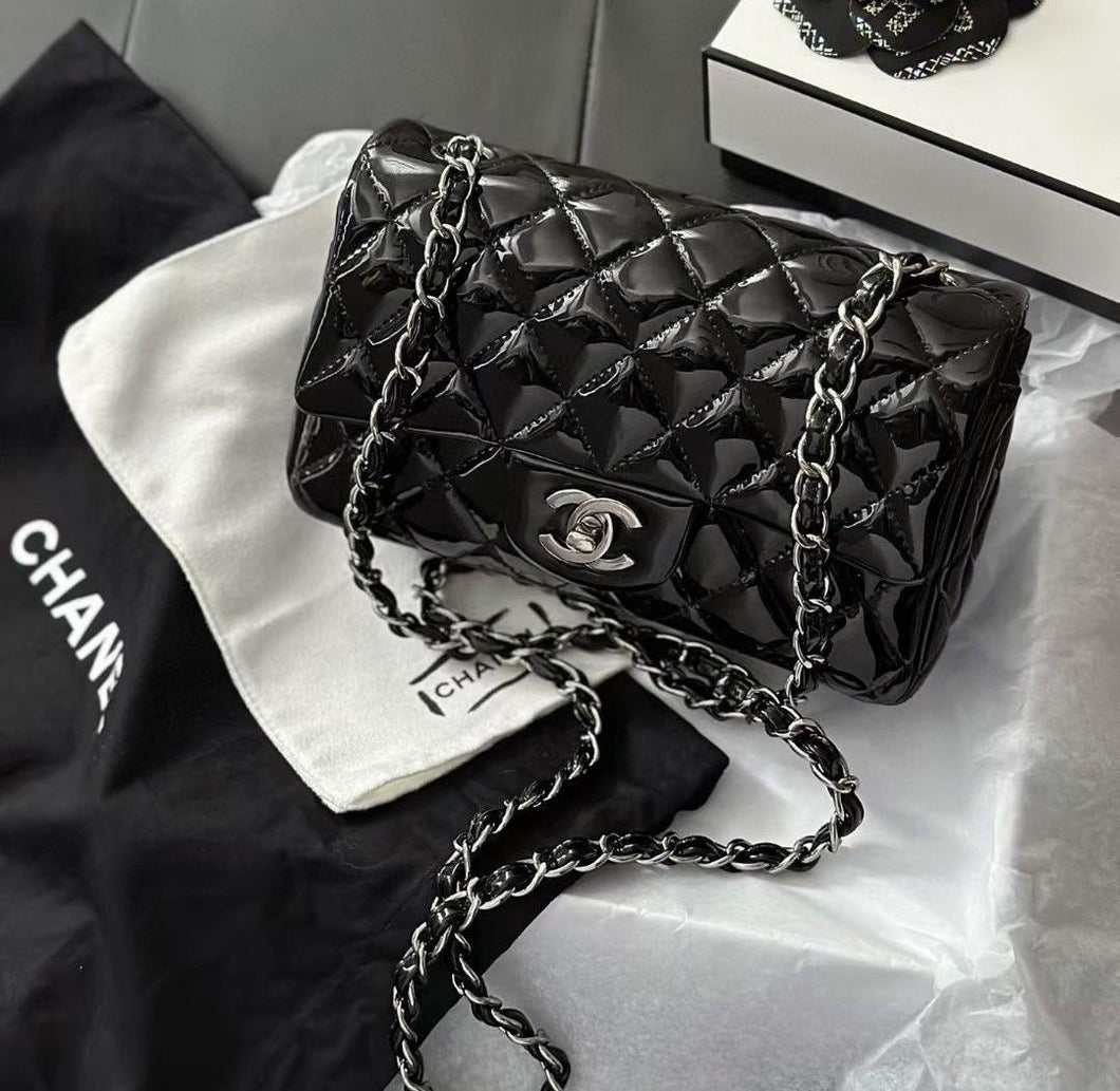 Chanel black patent mini, silver hdw