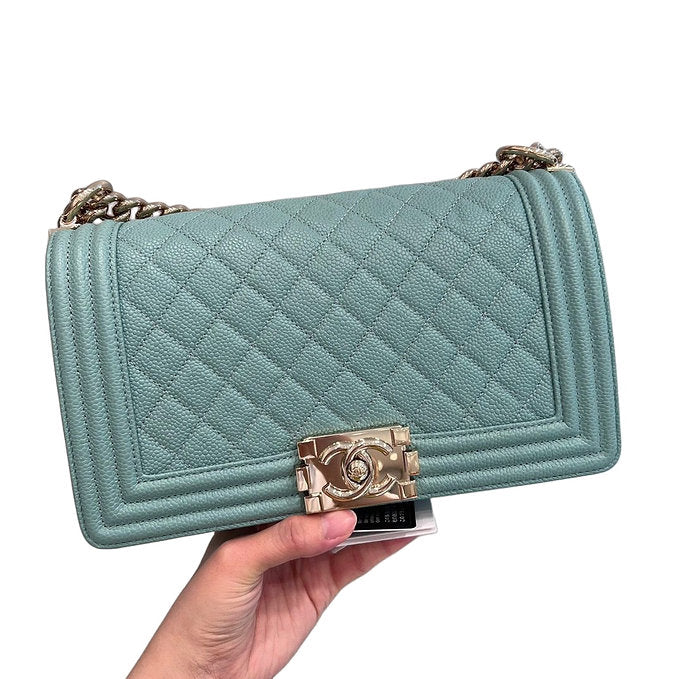 Chanel 29 series Tiffany Blue caviar old medium boy, light gold hdw