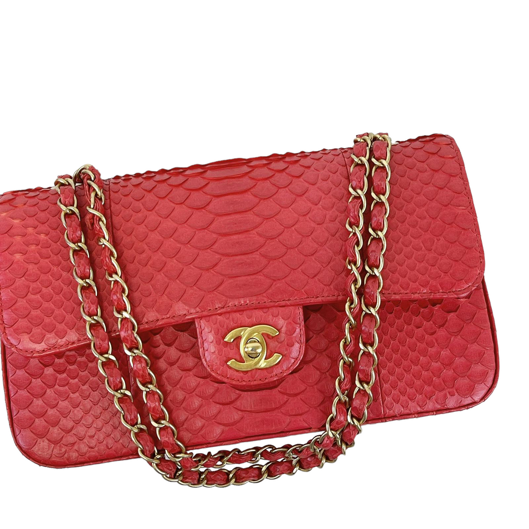 Chanel red exotic python/snake medium classic flap